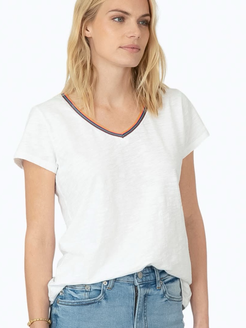 Dylan White V-Neck Short Sleeve Women's Size M Top with Contrast Trim